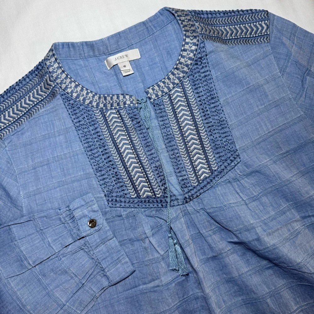 J.CREW 100% Blue Embroidered Split Neck Tunic Women’s Size 10 Cottage Core